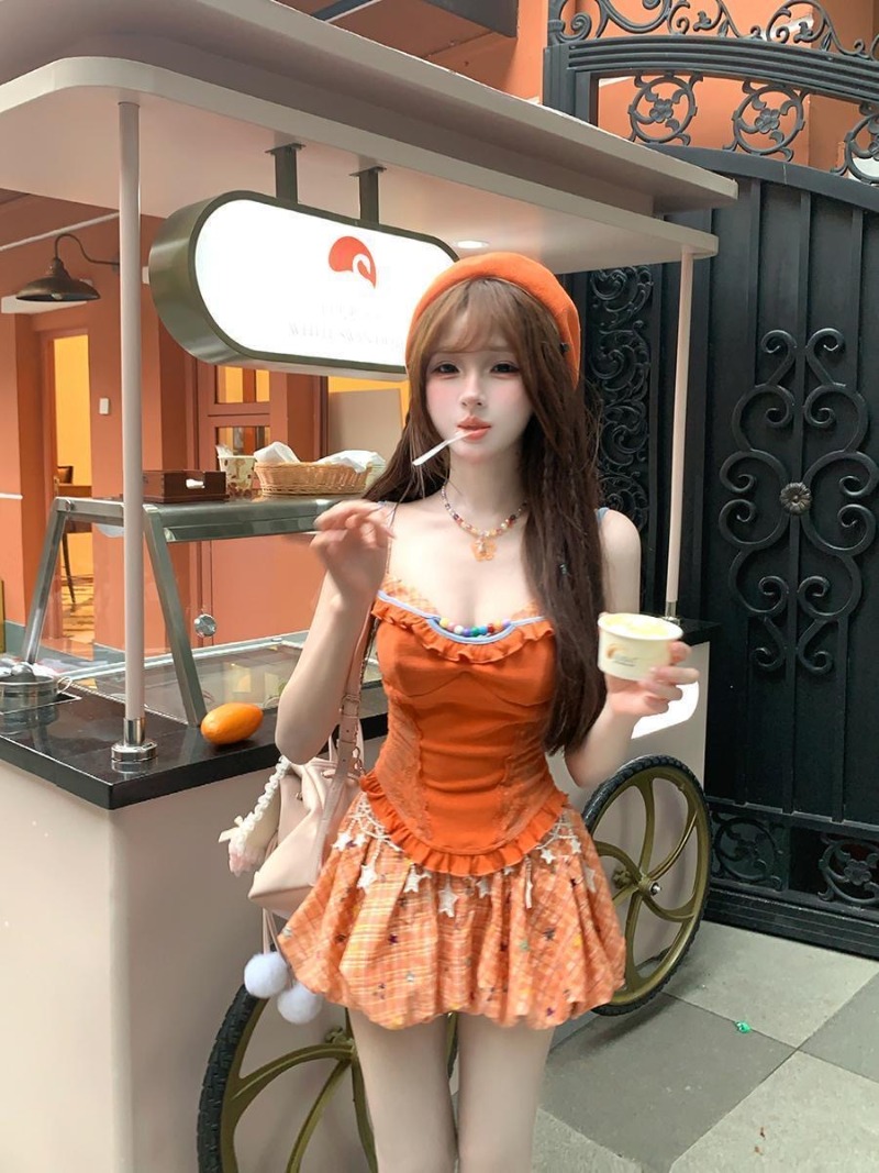 Summer New Orange Dopamine Swe - Cami Top Lace ulasan dan harga