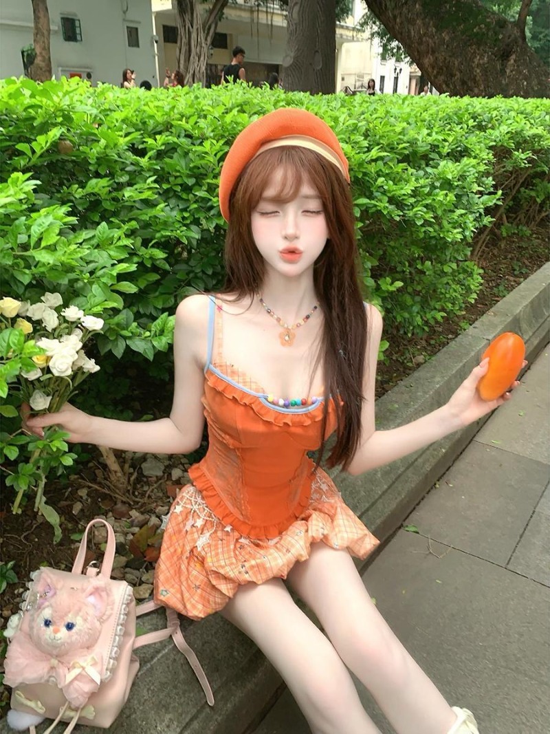 Summer New Orange Dopamine Swe - Cami Top Lace ulasan dan harga